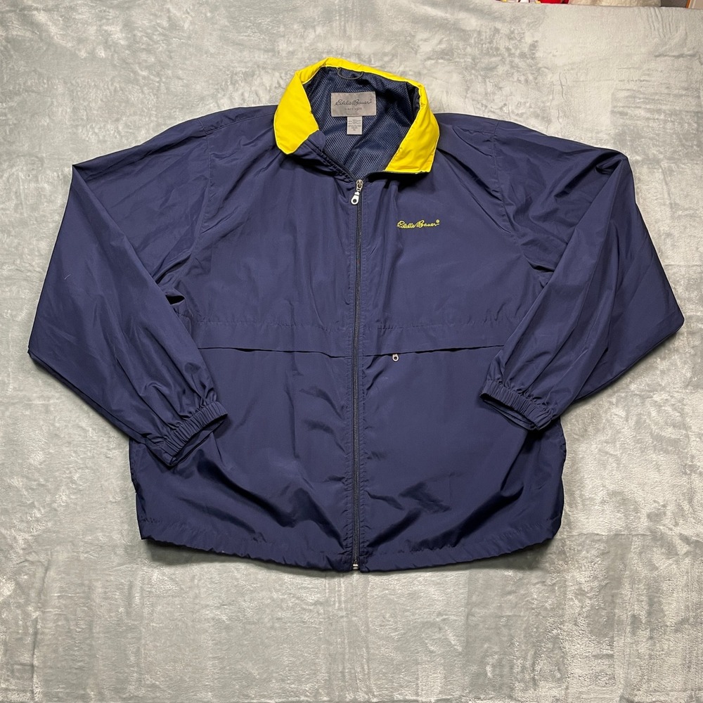 Eddie Bauer Men Navy Yellow Full Zip Windbreaker With Hood Jacket XL Lightweight